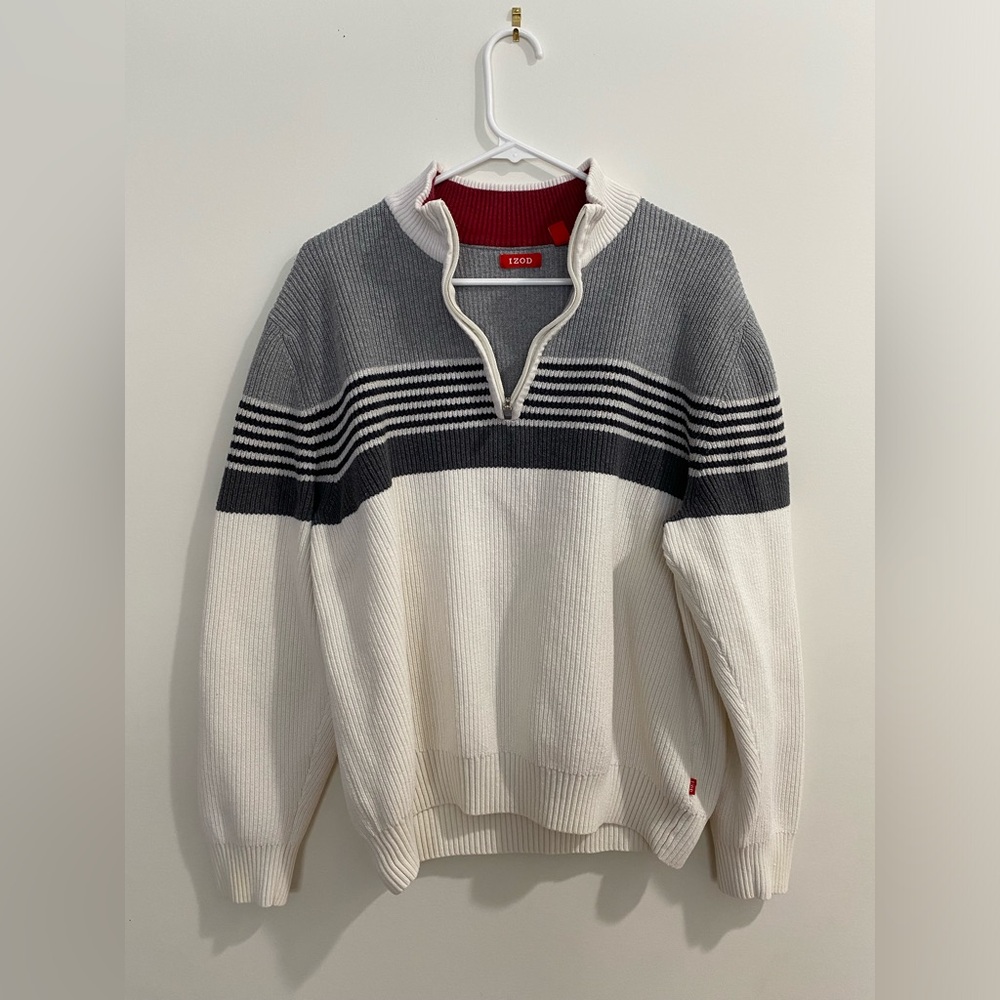 IZOD 1/4 Quarter Zip Knit Pullover Sweater Mens Cotton Stripes Size Large - Picture 2 of 7